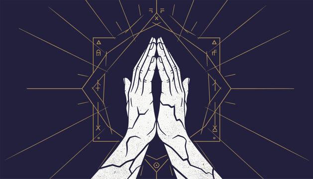 Hand drawn praying hands with a distressed texture over sacred geometry and golden rays on a dark navy blue background.