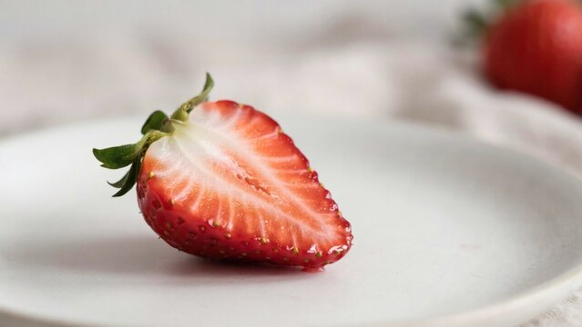 Fresh half strawberry sliced on a minimalist white plate for healthy food concept with soft focus macro style