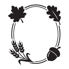 Minimalist autumn oval frame with oak maple leaves wheat stalks and acorn isolated on white surface. © MdEashad