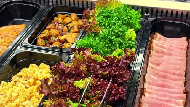 Breakfast buffet with cold cuts salads and fresh lettuce