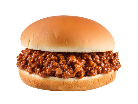 Classic Sloppy Joe sandwich with seasoned ground beef in a soft hamburger bun, isolated on a white background.
