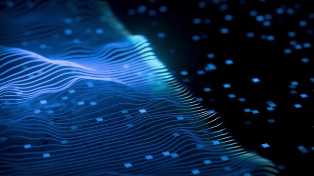 Abstract Blue Glowing Wavy Line Grid Data Terrain Motion Loop.