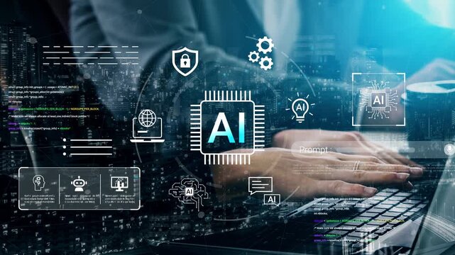 Hands typing on a laptop with overlay of AI symbols and digital data visualization in a modern urban environment at night showcasing technology innovation Gluon.