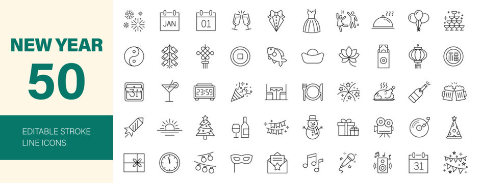 New year icon set. Editable line icons. Vector illustration.