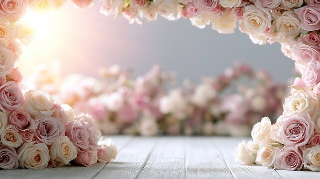 Ethereal U-shaped floral border with soft pink cream roses framing light grey backdrop, dense flower clusters bottom left, bottom right and arched top, warm upper-left sunlight dreamy backlight, blurr