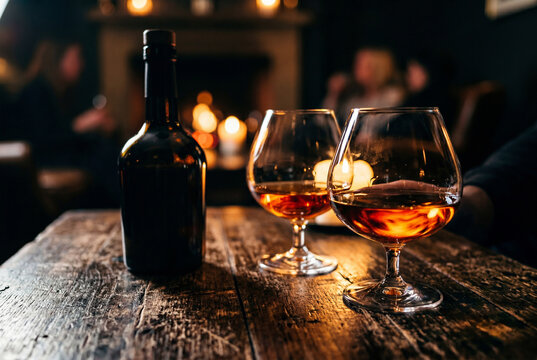 Two glasses of cognac next to bottle by the fireplace