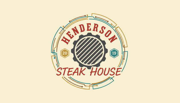 Vintage Henderson Steak House logo featuring a grill gear icon surrounded by digital circuit tracks on a beige background.