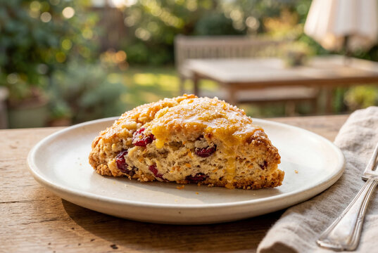 Glazed cranberry orange scone on white plate outdoors