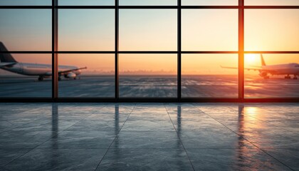 Fototapeta premium Airport Terminal Window View of Airplanes at Sunset.