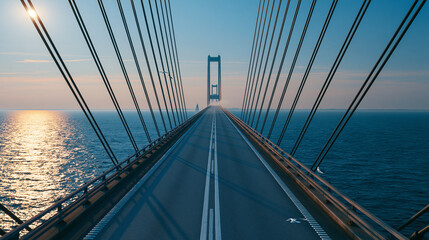 Fototapeta premium Vast suspension bridge stretching across blue ocean under a bright sky with golden sun glinting.