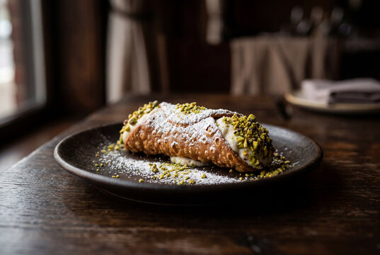 Traditional italian sweet cannolo pastry with powdered sugar and pistachios