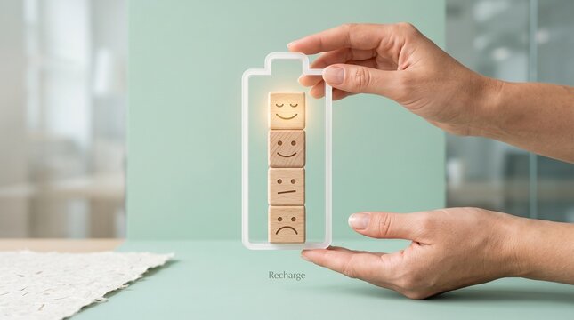 Emotional wellbeing concept hands holding wooden blocks forming a battery with varying facial expressions