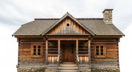 Obraz premium Rustic Wooden Cabin with Stone Foundation and Chimney Against a White Sky.