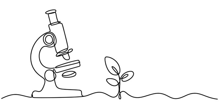 Continuous single line drawing of a microscope and a small sprout plant