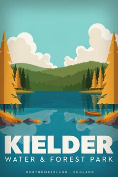 Tranquil Kielder Forest, Northumberland: Reflective Waters, Scenic Hiking in Vibrant Vintage Design Illustration
