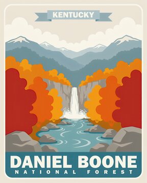 Capture Kentucky's Wilderness: Autumn in Daniel Boone National Forest Illustrated Art Print for Vintage Travel Enthusiasts