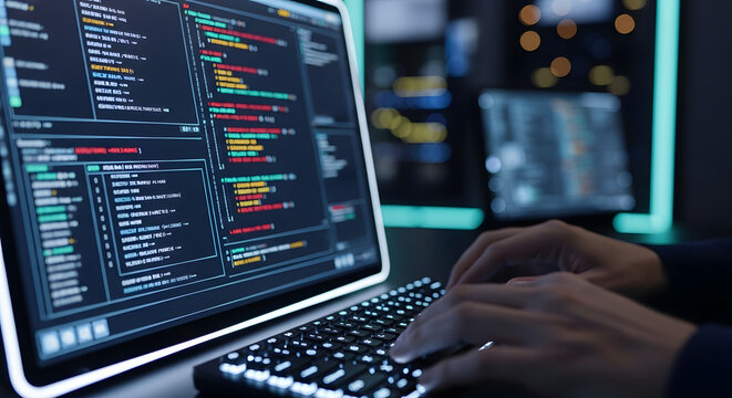 Software Developer Writing Code on Laptop for Web Development