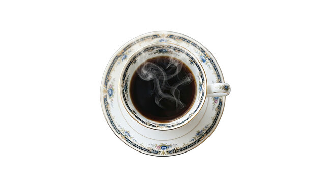 Steaming hot coffee in elegant decorative cup and saucer with transparent background transparent background