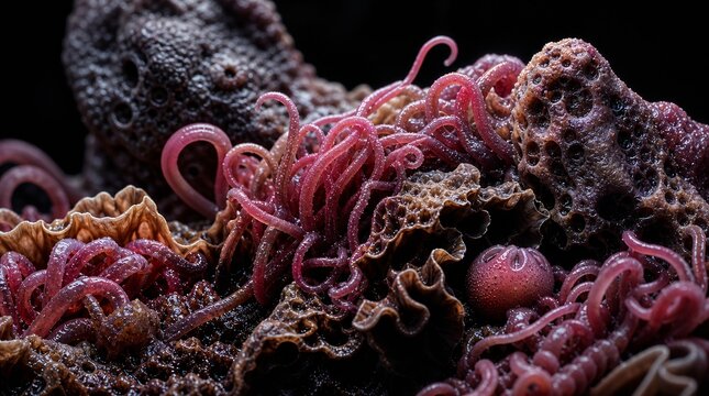 Macro view of parasitic pink worms crawling through dark textured soil and organic matter highlighting biological research and nature themes