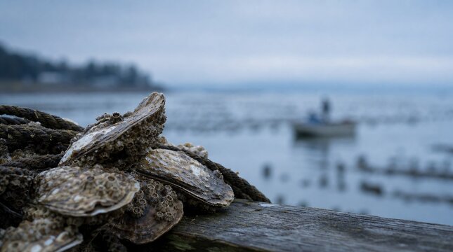 Freshly harvested oysters covered in barnacles sitting on a rustic wooden pier with an oyster farm and a small fishing boat in the background