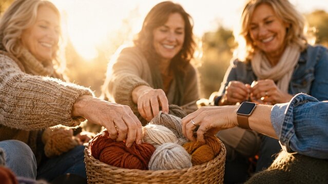 Group of women share yarn during outdoor craft time in a sunny setting