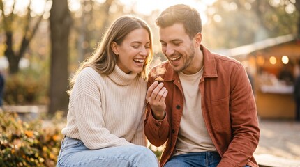 Fototapeta premium Couple enjoying time in a park during autumn afternoon, sharing laughter and a treat in the sunshine