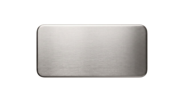 Brushed metal name tag with rounded corners, blank silver stainless steel plaque, industrial metallic sign for engraving and office identification isolated PNG with Transparent Background