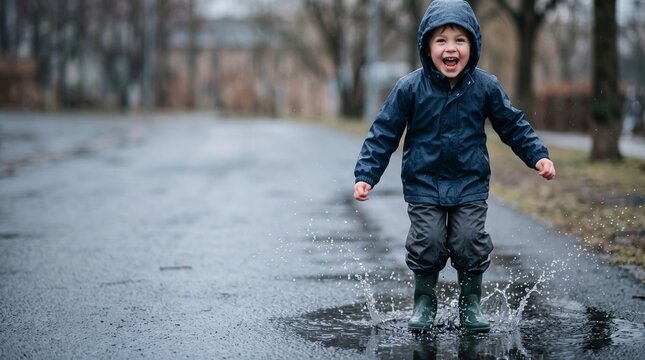 Child playing in puddles during a rainy day in the city with trees in the background