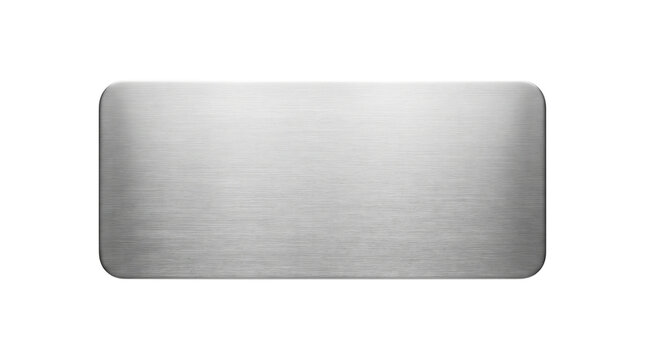 Brushed metal plaque with rounded corners, silver stainless steel nameplate, blank metallic sign board for engraving and office signage isolated PNG with Transparent Background