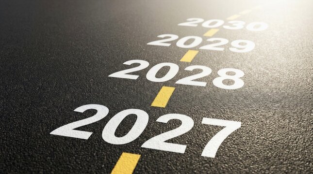 Road perspective with years 2027 to 2030 marking future goals and timeline concept
