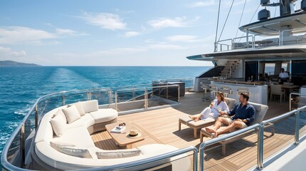 Fototapeta premium Wealthy Couple Relaxing on Luxury Yacht Deck Overlooking Deep Ocean