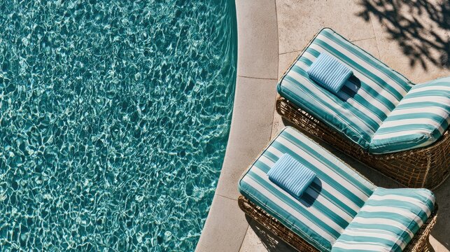 Luxury poolside loungers with striped cushions and towels beside clear blue water.