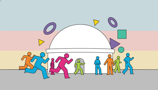 Stylized vector drawing showing a crowd of colorful people figures running into a white igloo dome building.