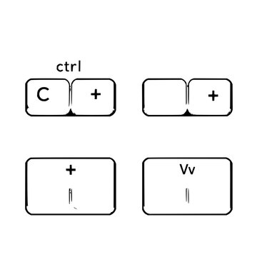Keyboard key pairs set with minimalist vector illustration of a 2x2 grid featuring Ctrl, C, Ctrl, V, plus sign with black outline and monochrome