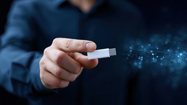 Man holding a USB flash drive with digital data flowing out.