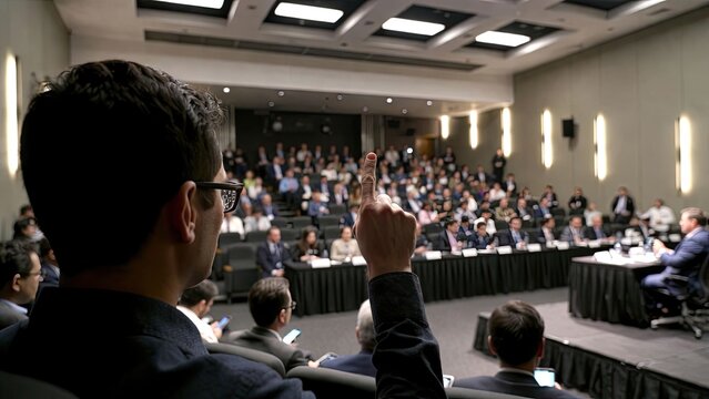 Engaged audience participates in business conference with raised hand for questions and comments