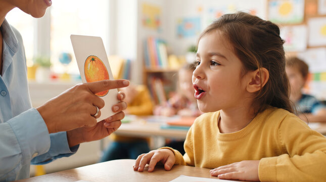 Teacher using flashcard during speech therapy lesson with young girl