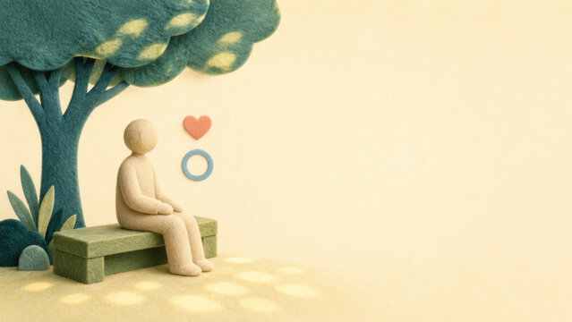 Lonely man sitting under a tree with emotional health symbols