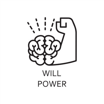 Black flat line vector icon with a picture of willpower as brain and muscle hand on white background.