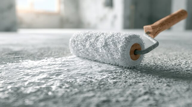 Close-up of a paint roller applying white paint to a textured surface.