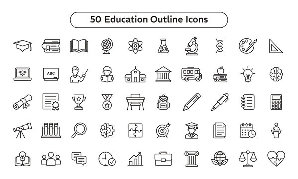Education Outline Icons Set, School, Learning, Science, Teacher, Student and Academic Line Vector Collection