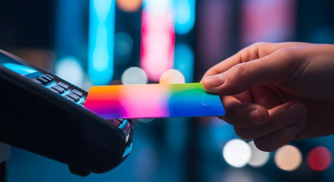 Hand holding a vibrant rainbow credit card making a contactless payment