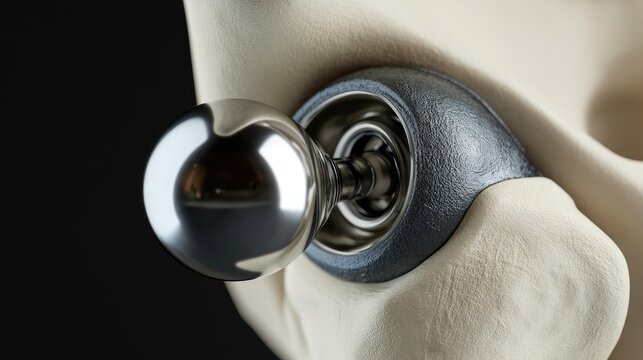 Close-up of a modern hip replacement implant in a bone model.