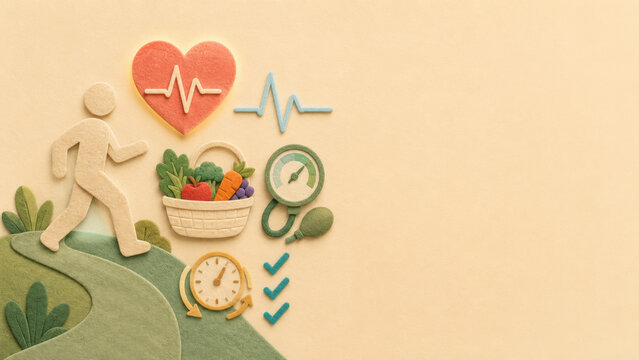 Healthy lifestyle journey with food exercise heart rate and wellness checklist