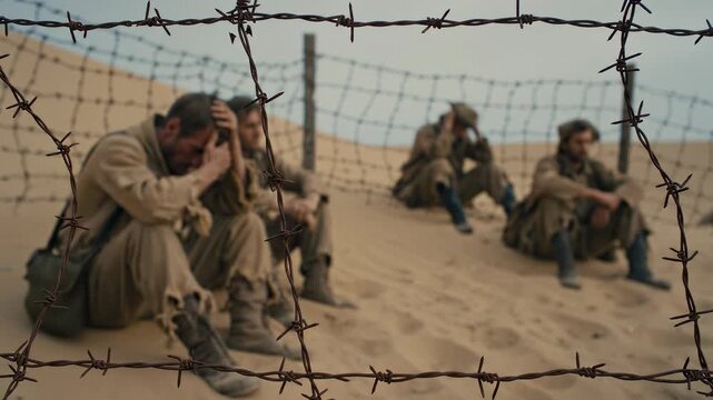 Prisoners of war sitting in distress behind barbed wire fence in desert camp