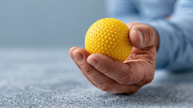 Person using an acupressure or trigger point massage ball to relieve muscle tension and promote relaxation and recovery in a wellness or fitness setting.
