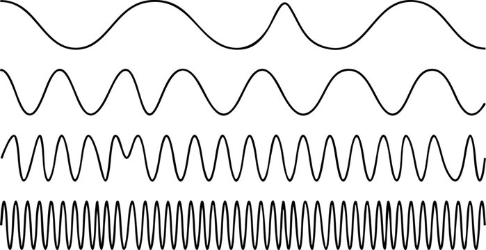 Set of black sine wave lines with different frequencies isolated on a white background for science and data design Vector