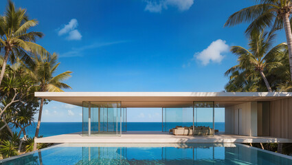 Fototapeta premium Luxury Oceanfront Villa with Infinity Pool and Palm Trees