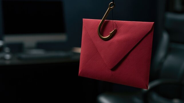 Red Envelope Suspended by Fishing Hook Symbolizing Deception.