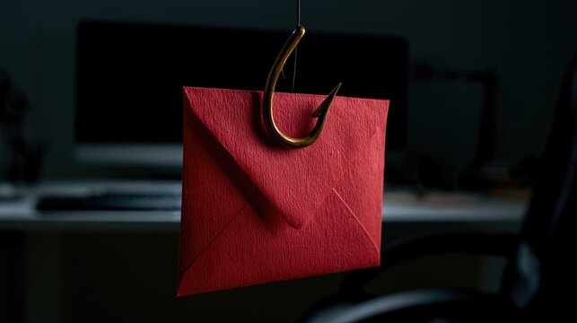 Red Envelope Suspended on Fishing Hook Symbolizing Phishing Scam.